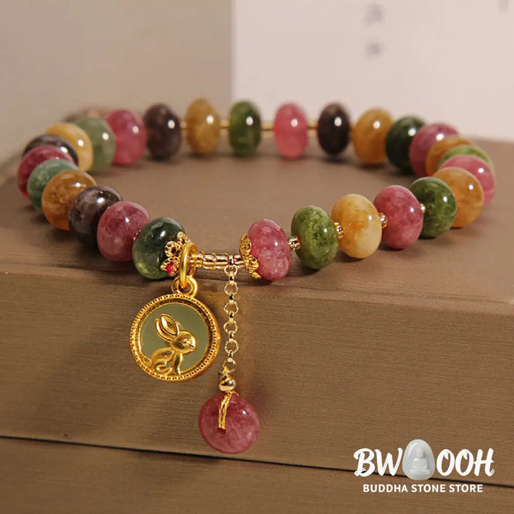 Buddha Stones Natural Colorful Tourmaline Cute Rabbit Charm Positive Bracelet - BWOOOH