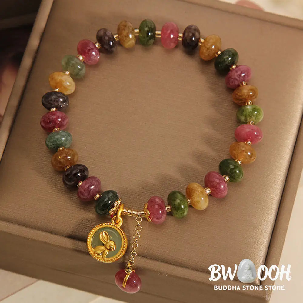 Buddha Stones Natural Colorful Tourmaline Cute Rabbit Charm Positive Bracelet - BWOOOH