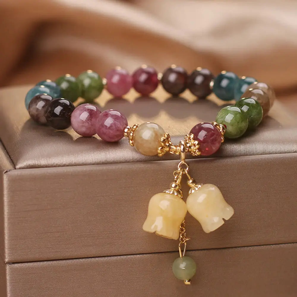 Buddha Stones Natural Colorful Tourmaline Flower Bead Love Bracelet - Tourmaline&One Bead Charm - Bracelet