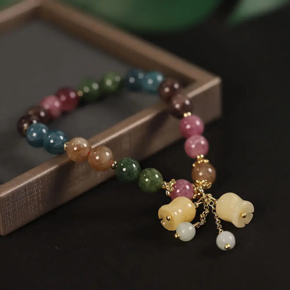 Buddha Stones Natural Colorful Tourmaline Flower Bead Love Bracelet - Tourmaline&amp;Two Bead Charm - Bracelet