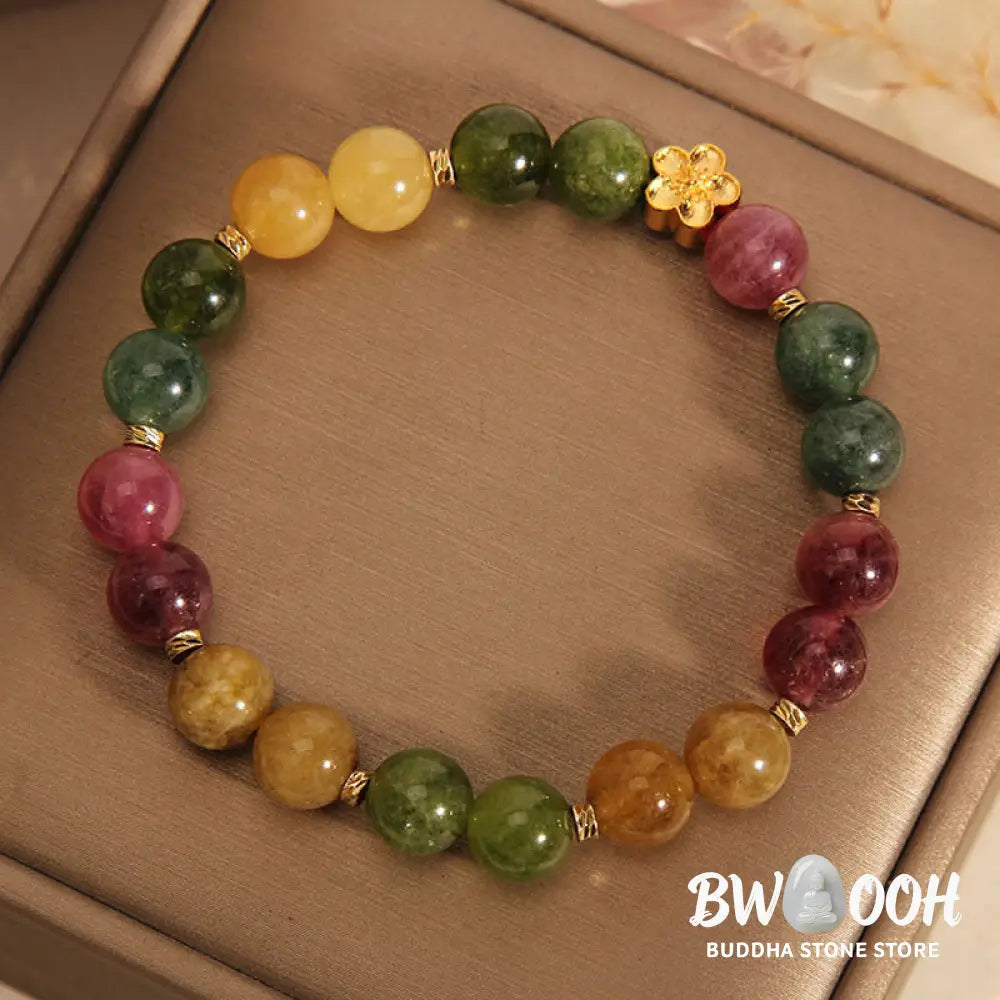 Buddha Stones Natural Colorful Tourmaline Golden Flower Positive Bracelet - BWOOOH - Tourmaline(Positive♥Love)(Wrist