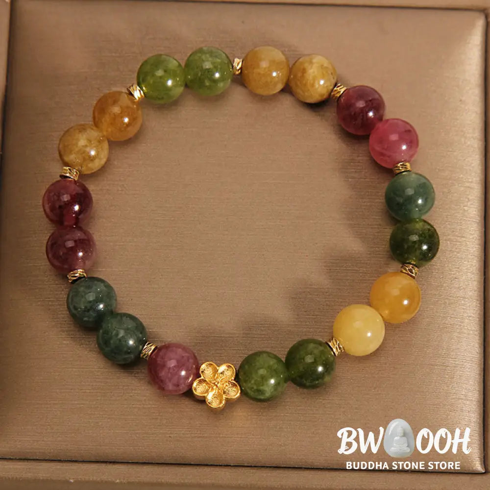 Buddha Stones Natural Colorful Tourmaline Golden Flower Positive Bracelet - BWOOOH - Tourmaline(Positive♥Love)(Wrist