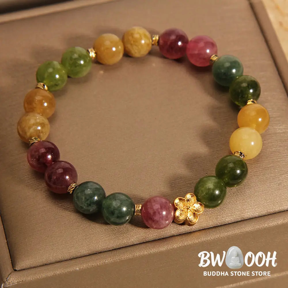 Buddha Stones Natural Colorful Tourmaline Golden Flower Positive Bracelet - BWOOOH - Tourmaline(Positive♥Love)(Wrist