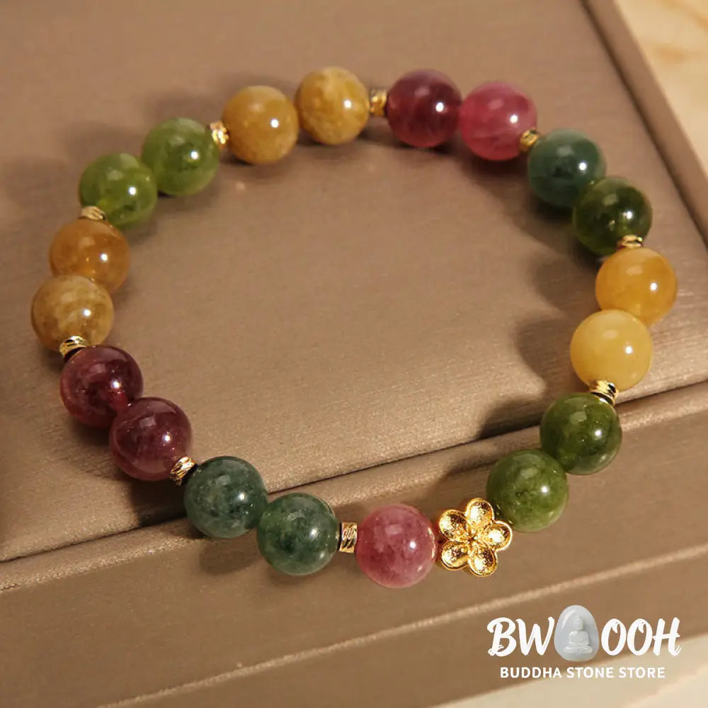 Buddha Stones Natural Colorful Tourmaline Golden Flower Positive Bracelet - BWOOOH - Tourmaline(Positive♥Love)(Wrist