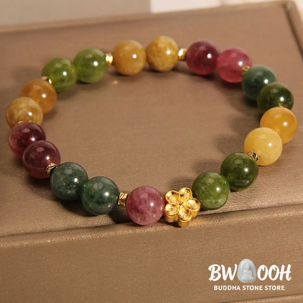 Buddha Stones Natural Colorful Tourmaline Golden Flower Positive Bracelet - BWOOOH - Tourmaline(Positive♥Love)(Wrist