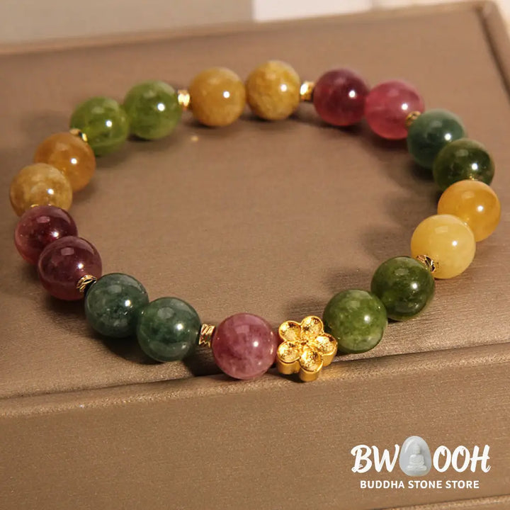 Buddha Stones Natural Colorful Tourmaline Golden Flower Positive Bracelet - BWOOOH - Tourmaline(Positive♥Love)(Wrist