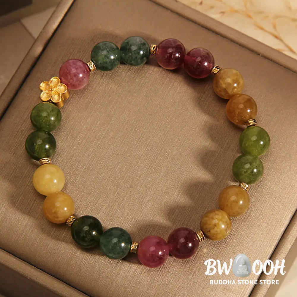 Buddha Stones Natural Colorful Tourmaline Golden Flower Positive Bracelet - BWOOOH - Tourmaline(Positive♥Love)(Wrist
