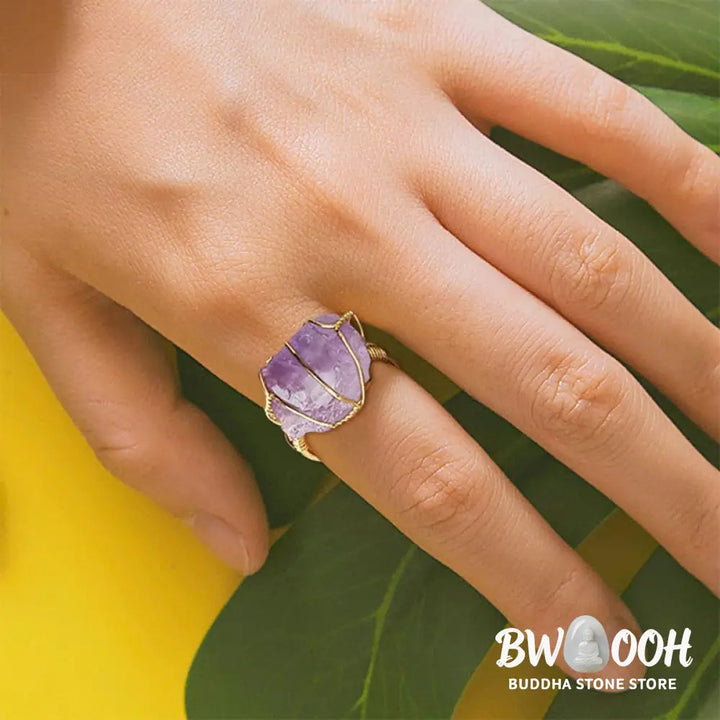 Buddha Stones Natural Crystal Gemstone Amethyst Adjustable Ring - BWOOOH - Rings