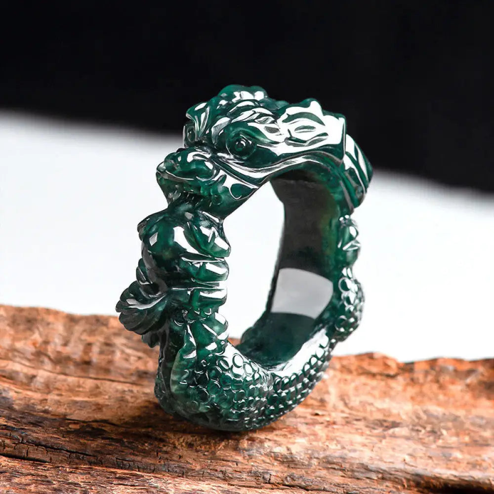 BWOOOH Natural Cyan Jade Dragon Carved Success Ring — Cyan Jade jade bracelet for spiritual healing and mindful living