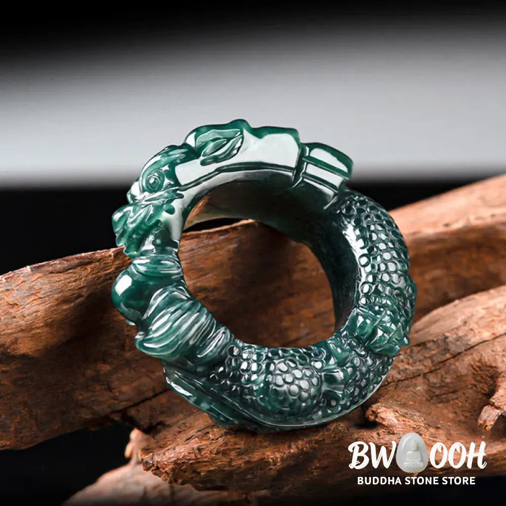 Buddha Stones Natural Cyan Jade Dragon Carved Success Ring - BWOOOH - Ring