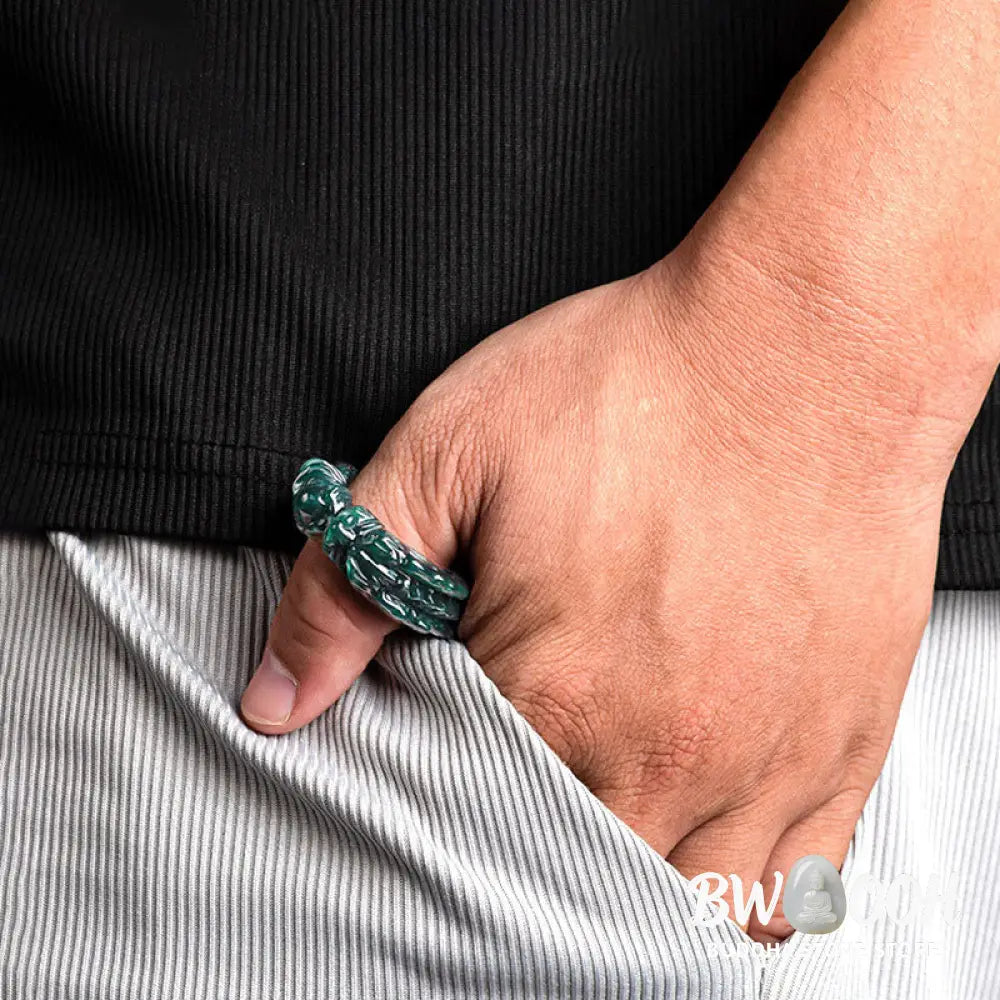 Buddha Stones Natural Cyan Jade Dragon Carved Success Ring - BWOOOH - Ring