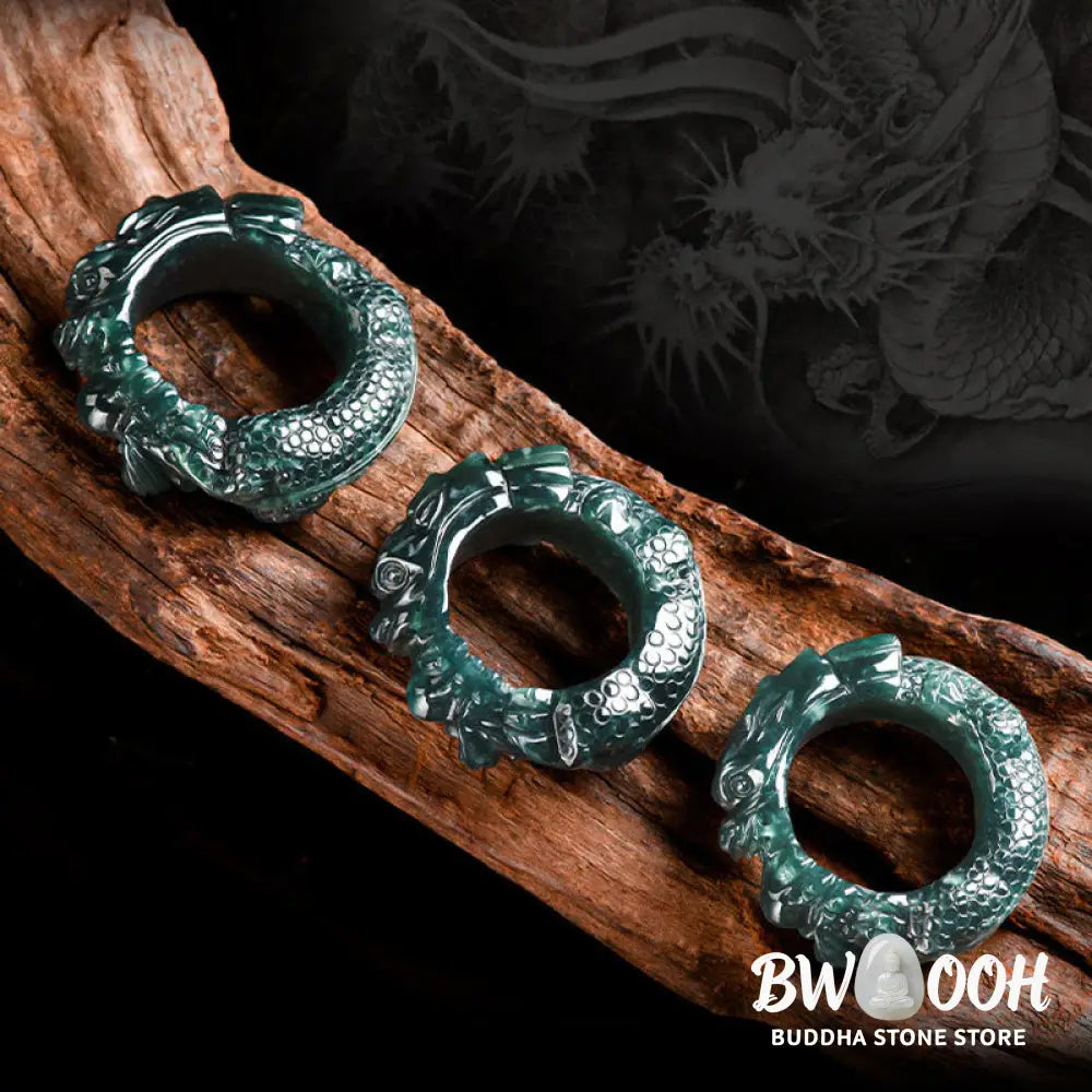 Buddha Stones Natural Cyan Jade Dragon Carved Success Ring - BWOOOH - Ring