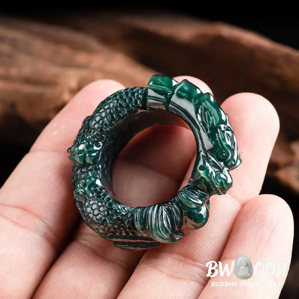 Buddha Stones Natural Cyan Jade Dragon Carved Success Ring - BWOOOH - Ring