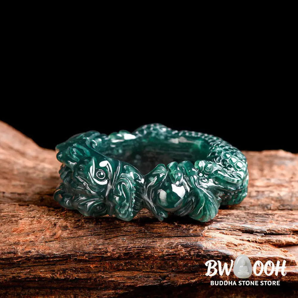 Buddha Stones Natural Cyan Jade Dragon Carved Success Ring - BWOOOH - Ring