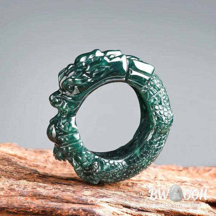 Buddha Stones Natural Cyan Jade Dragon Carved Success Ring - BWOOOH - Ring