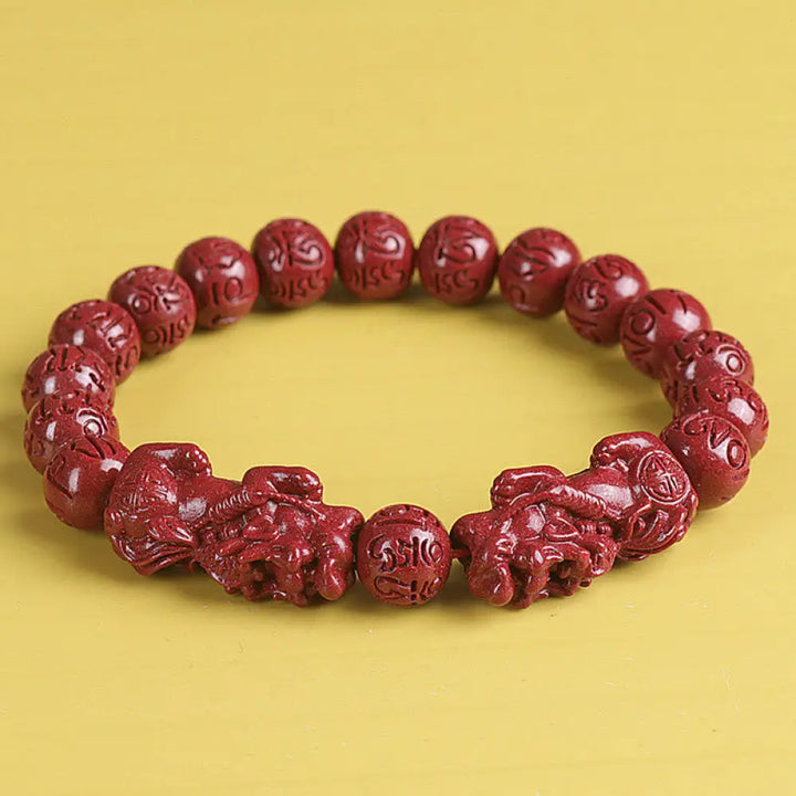 BWOOOH Natural Double PiXiu Cinnabar Om Mani Padme Hum Wealth Luck Bead Bracelet - Bracelet
