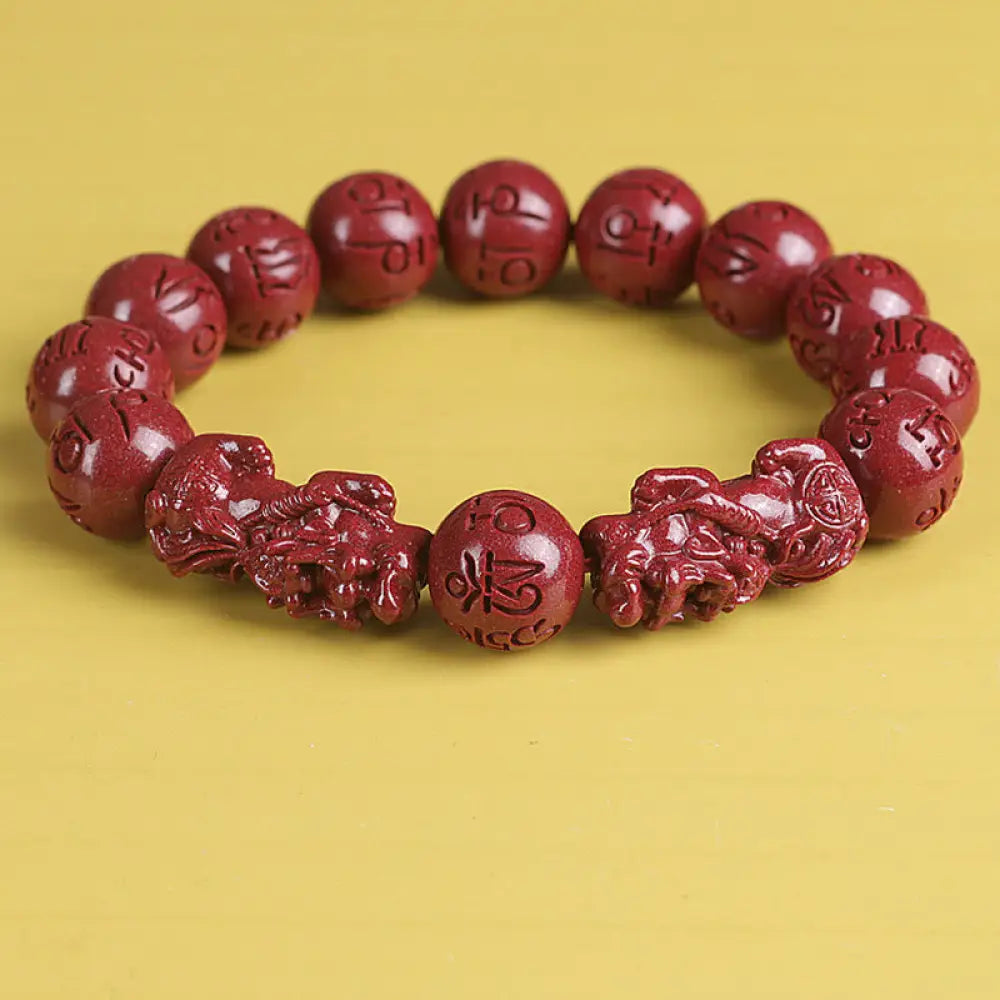 BWOOOH Natural Double PiXiu Cinnabar Om Mani Padme Hum Wealth Luck Bead Bracelet - Bracelet