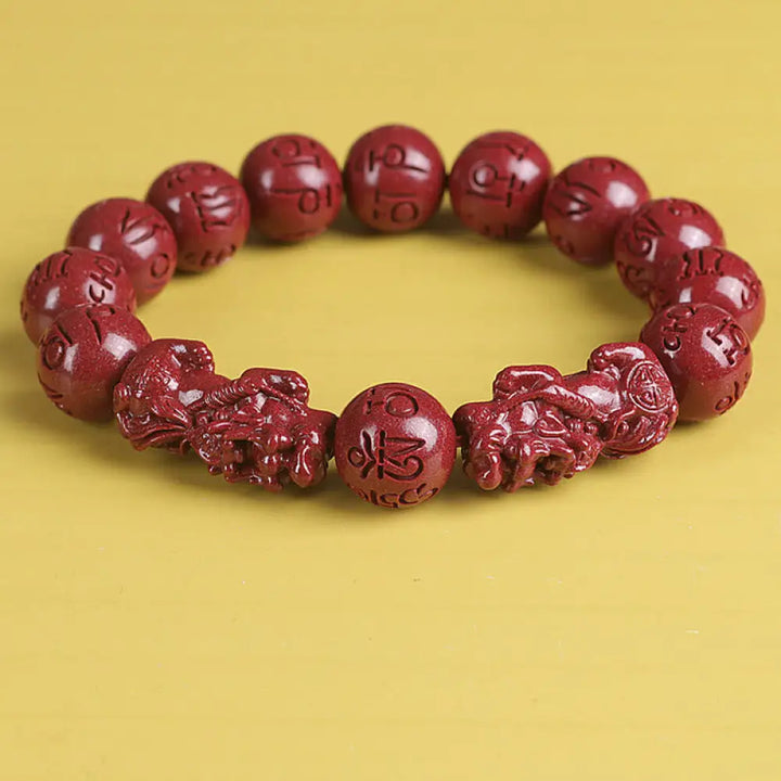 BWOOOH Natural Double PiXiu Cinnabar Om Mani Padme Hum Wealth Luck Bead Bracelet - Bracelet