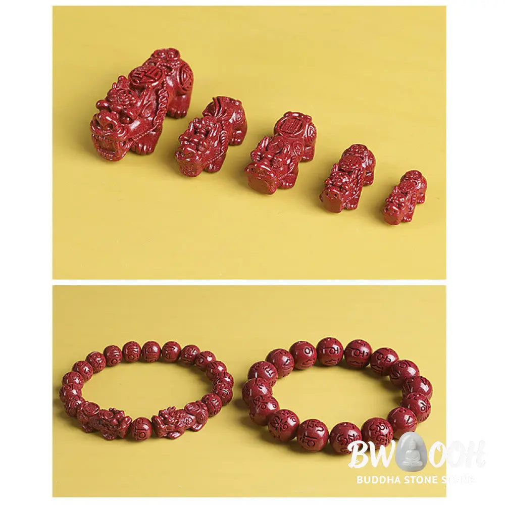 BWOOOH Natural Double PiXiu Cinnabar Om Mani Padme Hum Wealth Luck Bead Bracelet - Bracelet