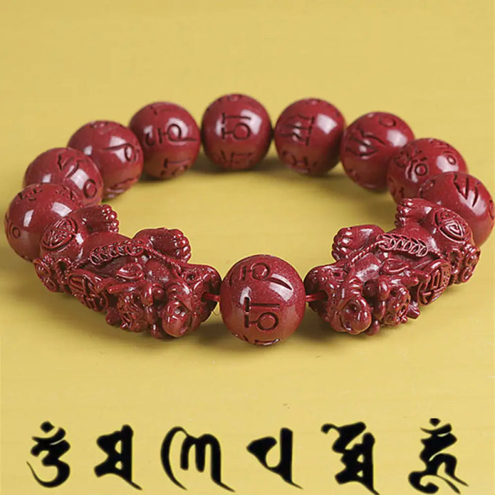 BWOOOH Natural Double PiXiu Cinnabar Om Mani Padme Hum Wealth Luck Bead Bracelet - Bracelet