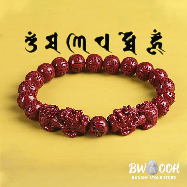 BWOOOH Natural Double PiXiu Cinnabar Om Mani Padme Hum Wealth Luck Bead Bracelet - Bracelet