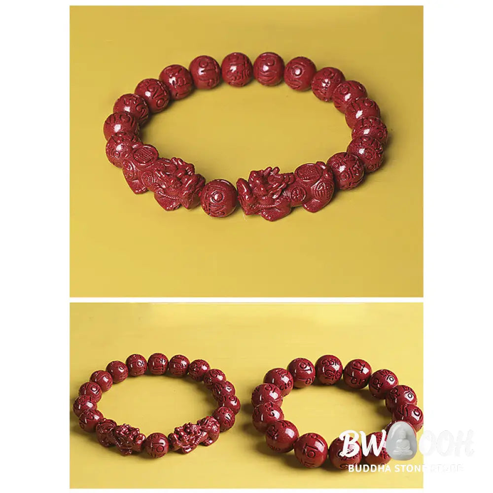 BWOOOH Natural Double PiXiu Cinnabar Om Mani Padme Hum Wealth Luck Bead Bracelet - Bracelet