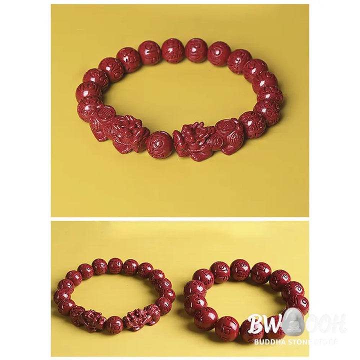 BWOOOH Natural Double PiXiu Cinnabar Om Mani Padme Hum Wealth Luck Bead Bracelet - Bracelet