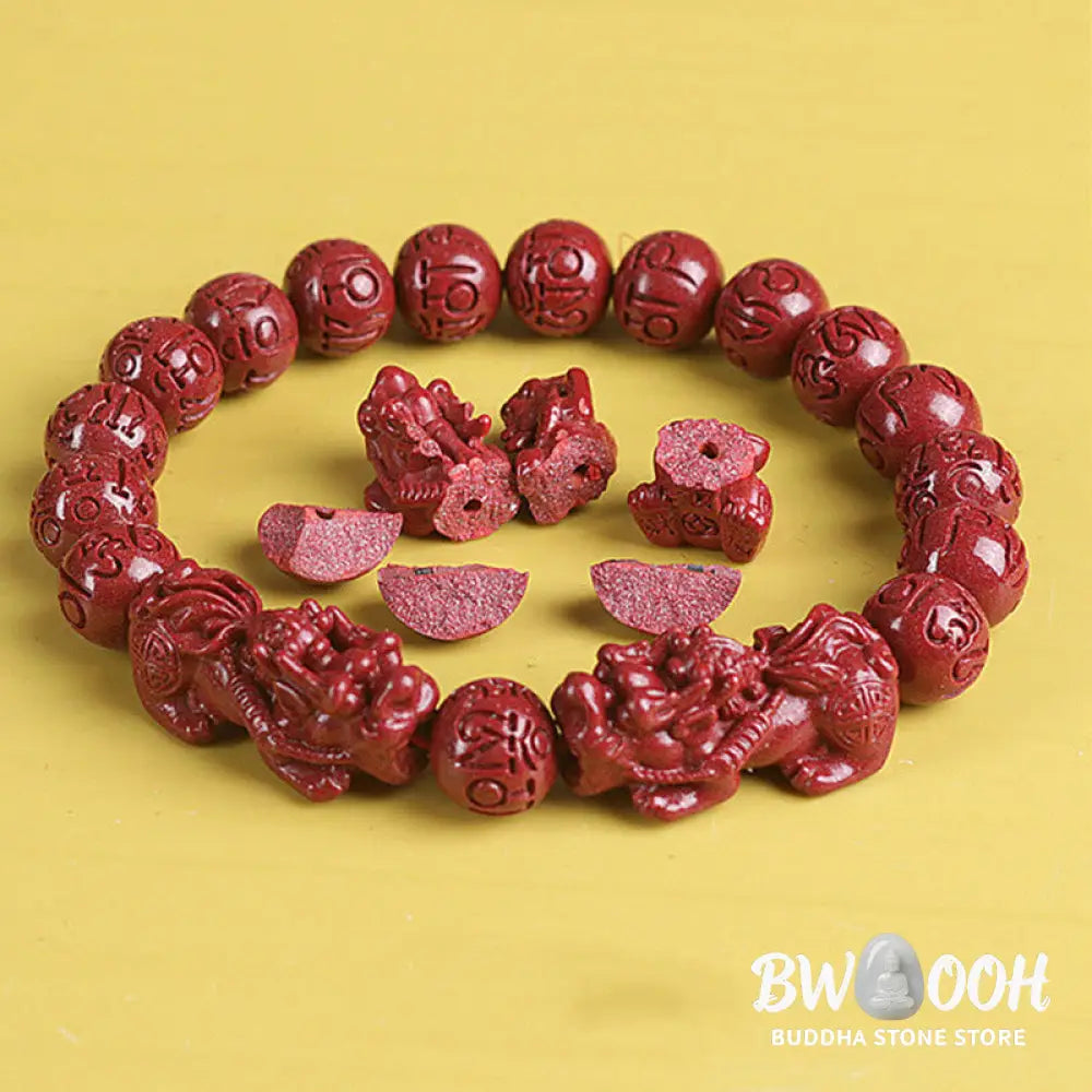 BWOOOH Natural Double PiXiu Cinnabar Om Mani Padme Hum Wealth Luck Bead Bracelet - Bracelet