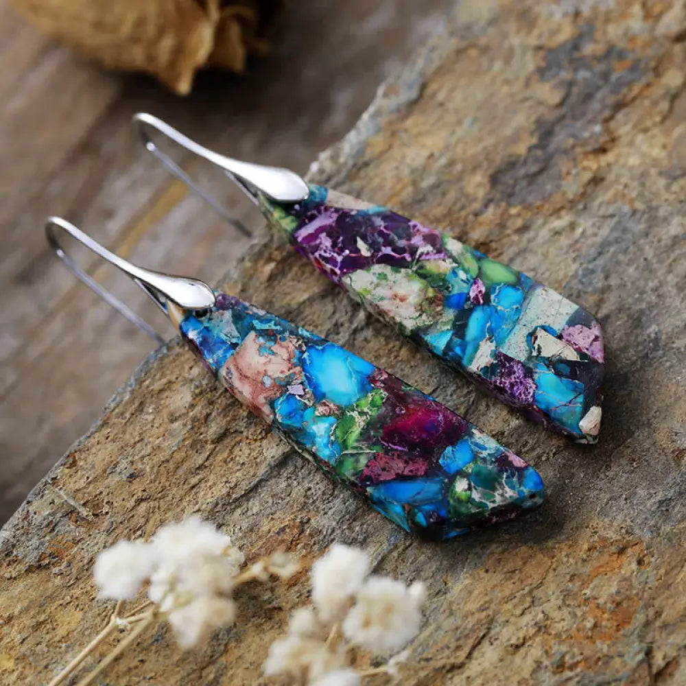 Buddha Stones Natural Emperor Stone Geometric Crystal Anti-Stress Earrings - Blue Emperor Stone(Copper Posts)-Silvery