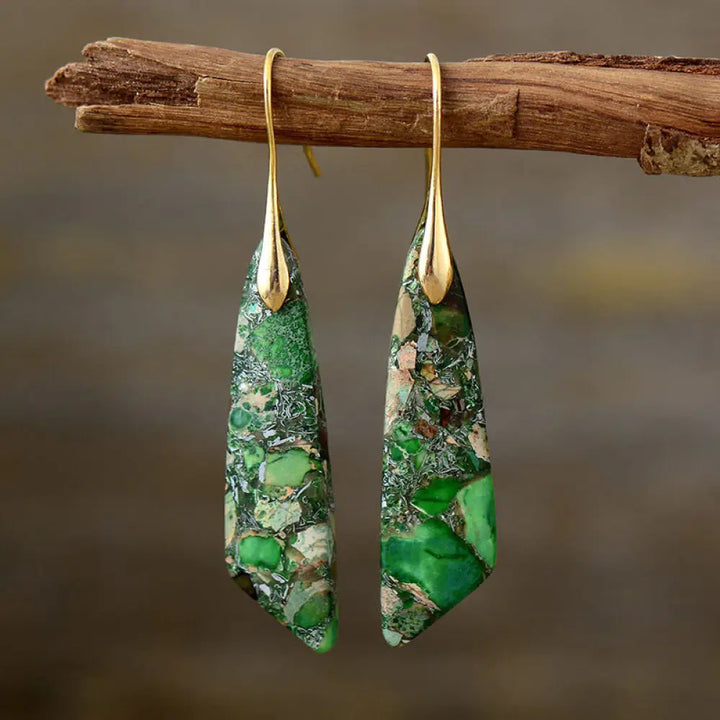 Buddha Stones Natural Emperor Stone Geometric Crystal Anti-Stress Earrings - Green Emperor Stone(Copper Posts)-Golden