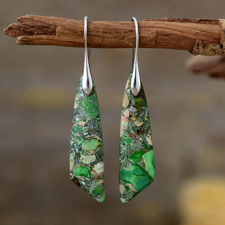 Buddha Stones Natural Emperor Stone Geometric Crystal Anti-Stress Earrings - Green Emperor Stone(Copper Posts)-Silvery