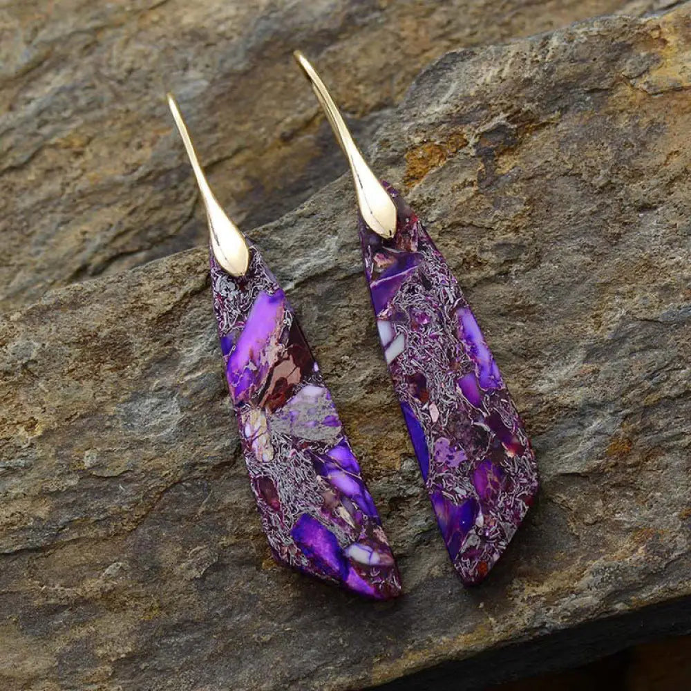 Buddha Stones Natural Emperor Stone Geometric Crystal Anti-Stress Earrings - Purple Emperor Stone(Copper Posts)-Golden