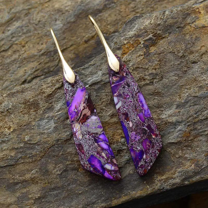 Buddha Stones Natural Emperor Stone Geometric Crystal Anti-Stress Earrings - Purple Emperor Stone(Copper Posts)-Golden