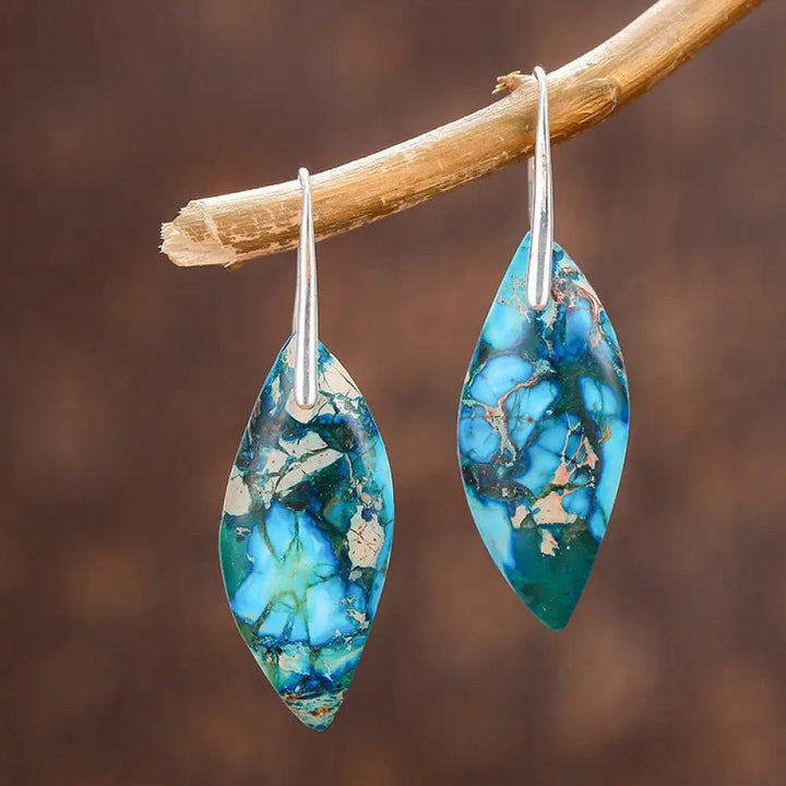 Buddha Stones Natural Emperor Stone Water Drop Leaf Shape Happiness Earrings - Blue Emperor Stone(Copper Posts)