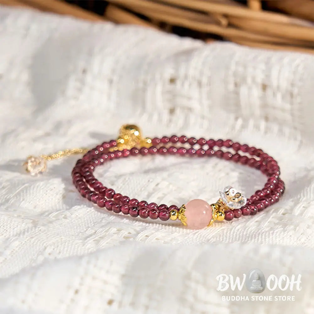 Buddha Stones Natural Flower Garnet Pink Crystal Calm Double Wrap Bracelet - BWOOOH - Garnet(Wrist