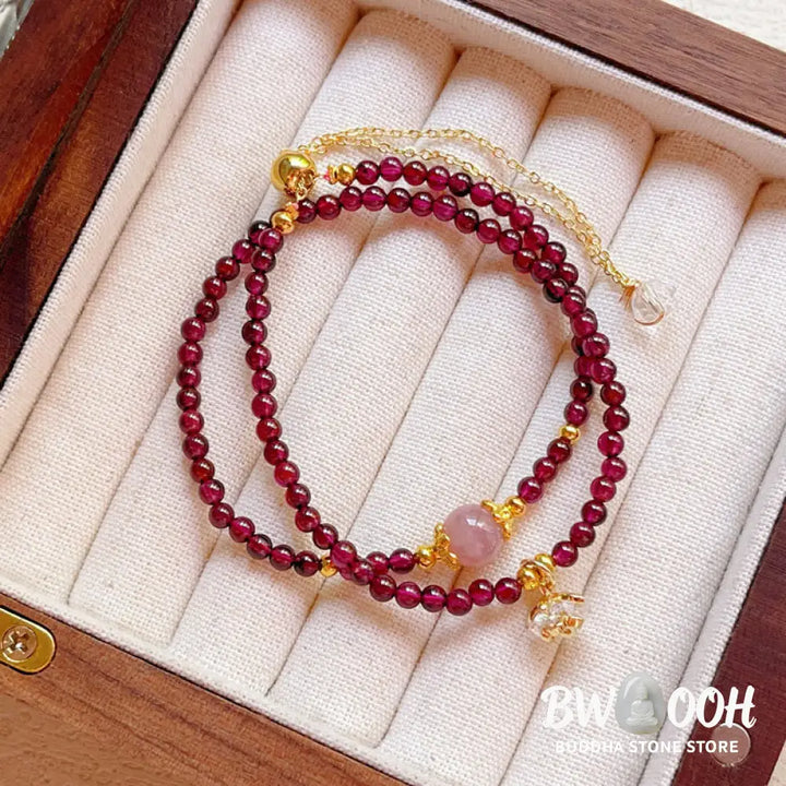 Buddha Stones Natural Flower Garnet Pink Crystal Calm Double Wrap Bracelet - BWOOOH - Garnet(Wrist