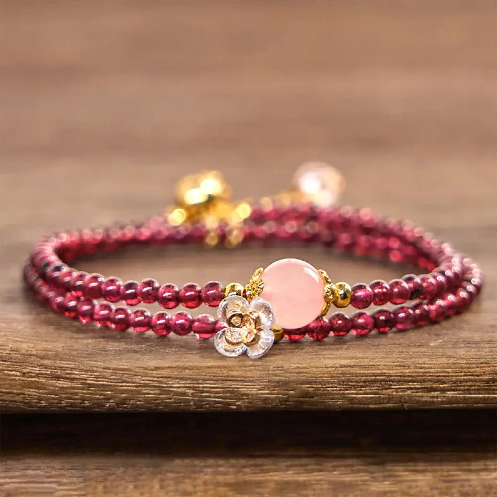 BWOOOH Natural Flower Garnet Pink Crystal Calm Double Wrap Bracelet — Garnet crystal healing bracelet for spiritual healin...