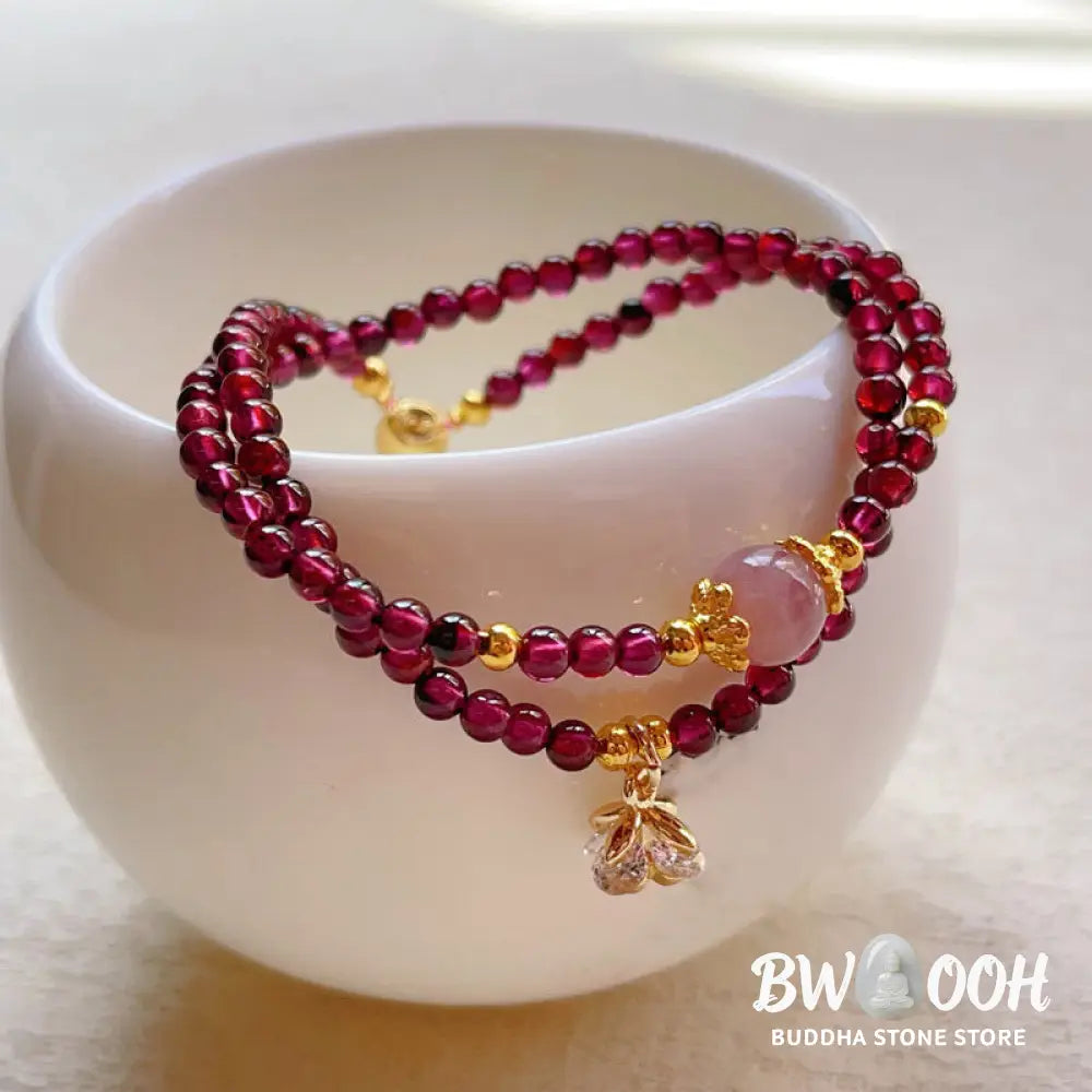 Buddha Stones Natural Flower Garnet Pink Crystal Calm Double Wrap Bracelet - BWOOOH - Garnet(Wrist
