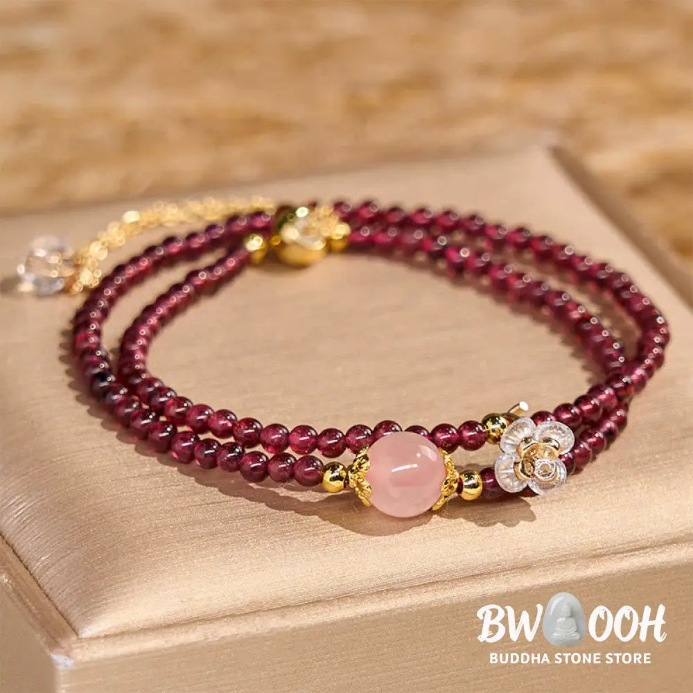 Buddha Stones Natural Flower Garnet Pink Crystal Calm Double Wrap Bracelet - BWOOOH - Garnet(Wrist