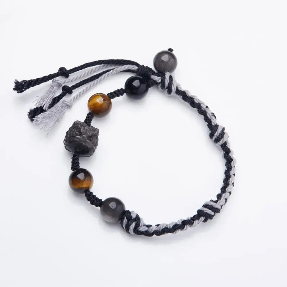 Buddha Stones Natural Fluorite Amethyst Silver Sheen Obsidian Tiger’s Eye Protection Rope Bracelet - BWOOOH - Silver