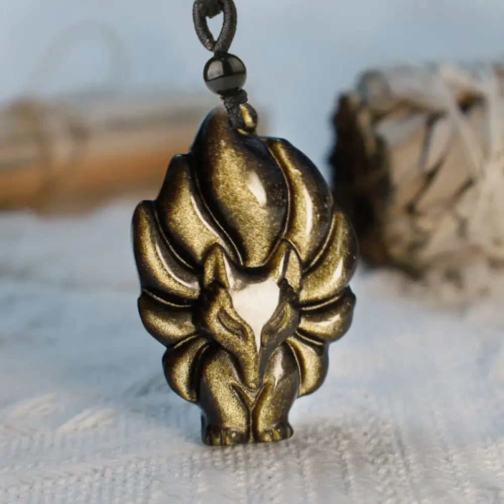 BWOOOH Natural Fluorite Gold Sheen Obsidian Fox Pendant Protection Necklace, a handmade spiritual amulet crafted with a protective golden sheen obsidian fox and vibrant fluorite for aura defense and positive Feng Shui. - View 7