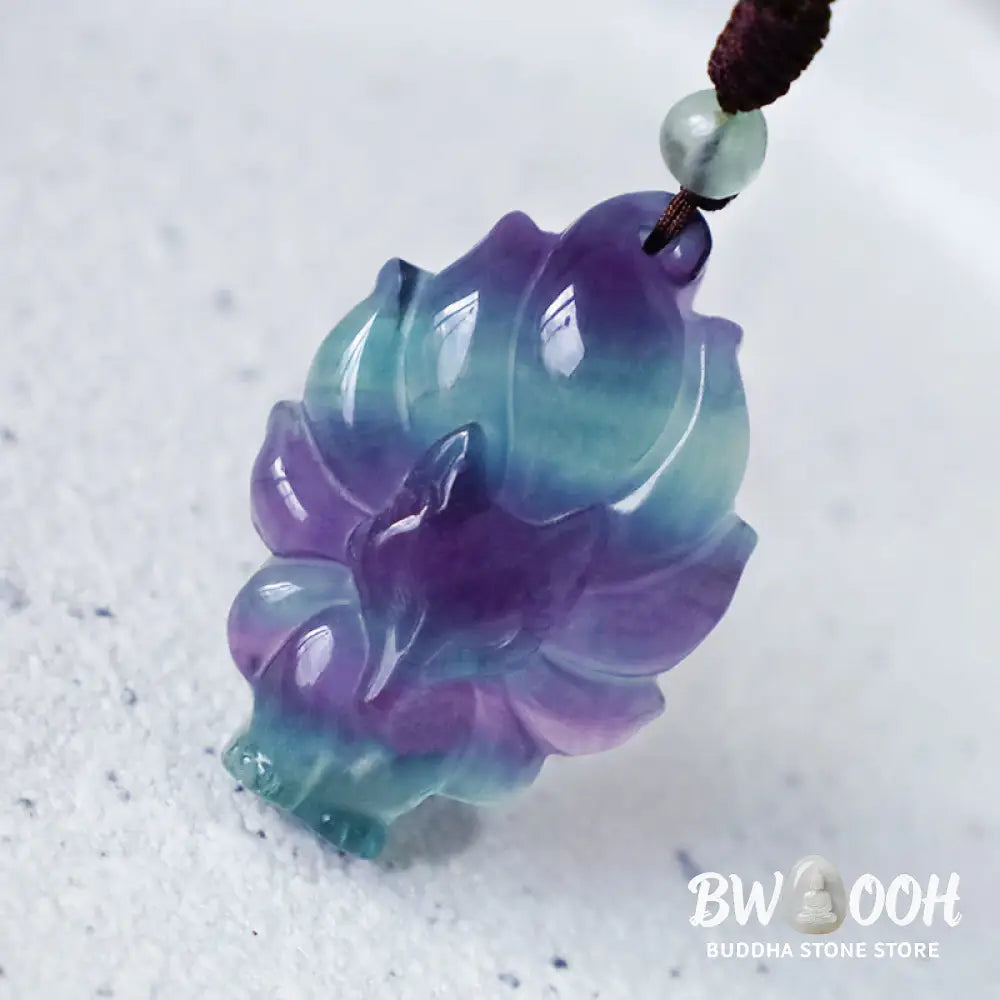 BWOOOH Natural Fluorite Gold Sheen Obsidian Fox Pendant Protection Necklace, a handmade spiritual amulet crafted with a protective golden sheen obsidian fox and vibrant fluorite for aura defense and positive Feng Shui. - View 2