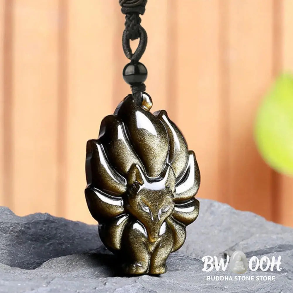 BWOOOH Natural Fluorite Gold Sheen Obsidian Fox Pendant Protection Necklace, a handmade spiritual amulet crafted with a protective golden sheen obsidian fox and vibrant fluorite for aura defense and positive Feng Shui. - View 11