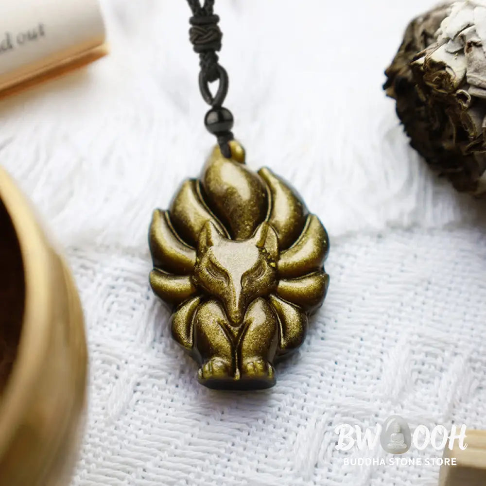 BWOOOH Natural Fluorite Gold Sheen Obsidian Fox Pendant Protection Necklace, a handmade spiritual amulet crafted with a protective golden sheen obsidian fox and vibrant fluorite for aura defense and positive Feng Shui. - View 10