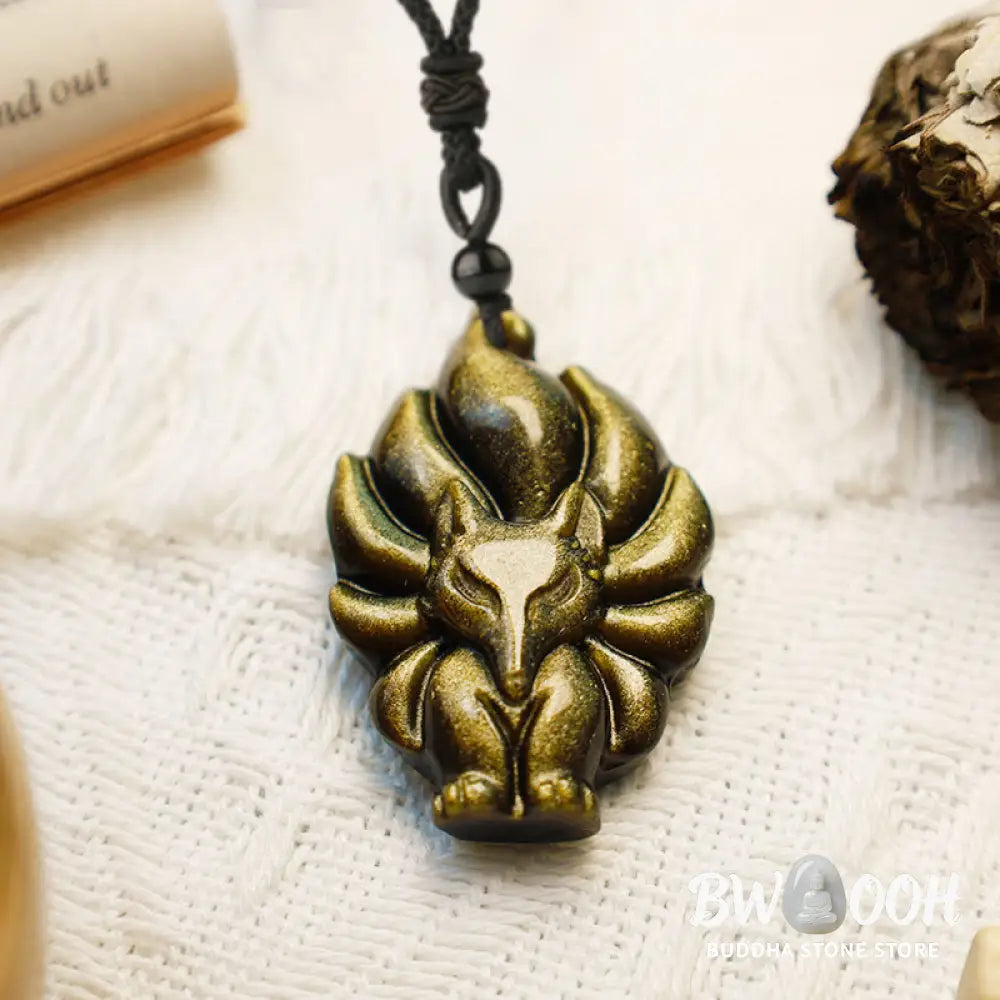BWOOOH Natural Fluorite Gold Sheen Obsidian Fox Pendant Protection Necklace, a handmade spiritual amulet crafted with a protective golden sheen obsidian fox and vibrant fluorite for aura defense and positive Feng Shui. - View 9