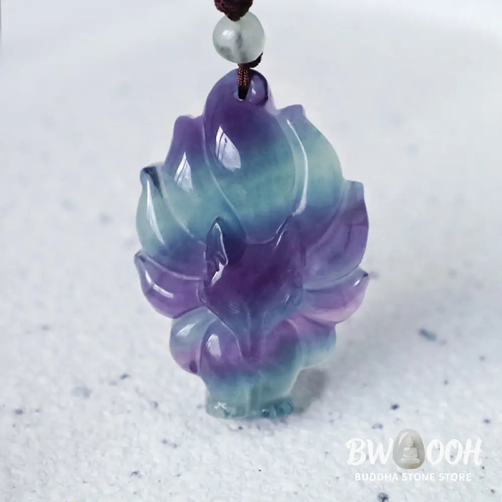 BWOOOH Natural Fluorite Gold Sheen Obsidian Fox Pendant Protection Necklace, a handmade spiritual amulet crafted with a protective golden sheen obsidian fox and vibrant fluorite for aura defense and positive Feng Shui. - View 3