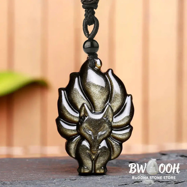 BWOOOH Natural Fluorite Gold Sheen Obsidian Fox Pendant Protection Necklace, a handmade spiritual amulet crafted with a protective golden sheen obsidian fox and vibrant fluorite for aura defense and positive Feng Shui. - View 8