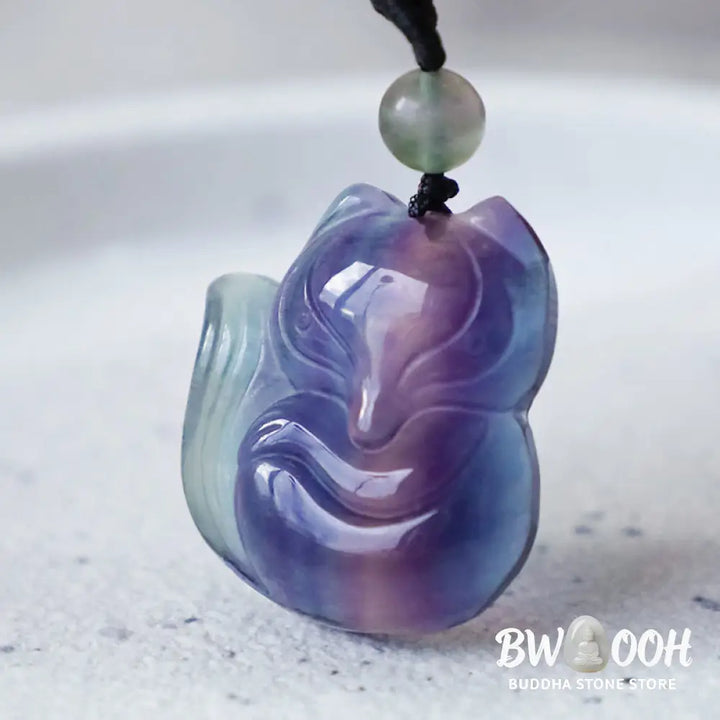 BWOOOH Natural Fluorite Gold Sheen Obsidian Fox Pendant Protection Necklace, a handmade spiritual amulet crafted with a protective golden sheen obsidian fox and vibrant fluorite for aura defense and positive Feng Shui. - View 17
