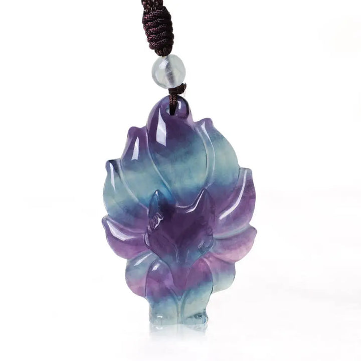 BWOOOH Natural Fluorite Gold Sheen Obsidian Fox Pendant Protection Necklace, a handmade spiritual amulet crafted with a protective golden sheen obsidian fox and vibrant fluorite for aura defense and positive Feng Shui.