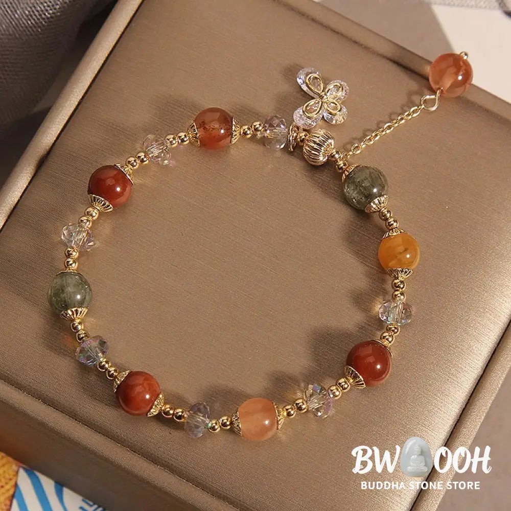 Buddha Stones Natural Fu Lu Shou Rainbow Crystal Rutilated Quartz Wealth Butterfly Charm Bracelet - BWOOOH - Fu Lu Shou